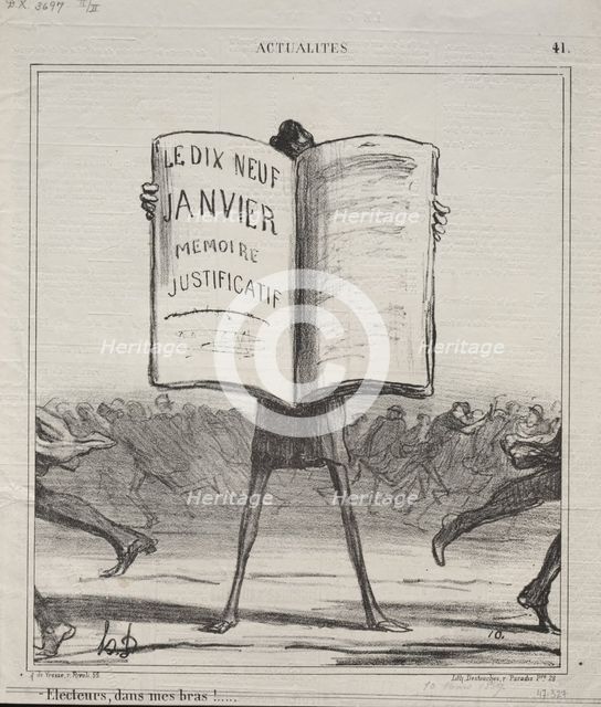 Actualities (No. 41): Electors, in my arms!..., 1869. Creator: Honoré Daumier (French, 1808-1879).