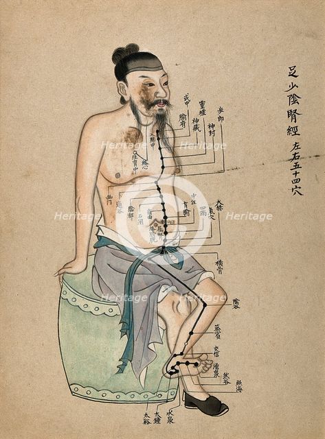 Acupuncture chart with a series of points indicated on the figure of a seated Chinese man, 1700-1799 Creator: Unknown.