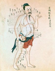 Acupuncture chart with a series of points indicated on the figure of a standing Chinese man. Creator: Unknown