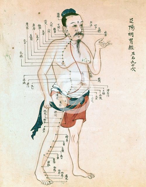 Acupuncture chart with a series of points indicated on the figure of a standing Chinese man. Creator: Unknown.