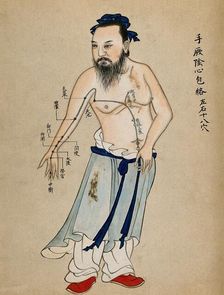 Acupuncture chart with a series of points indicated on the figure of a standing Chinese man... Creator: Unknown