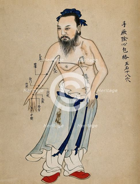 Acupuncture chart with a series of points indicated on the figure of a standing Chinese man... Creator: Unknown.
