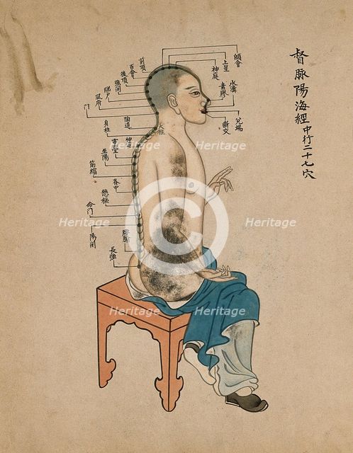 Acupuncture chart with a series of points indicated on the figure of a seated Chinese man, 1700-1799 Creator: Unknown.
