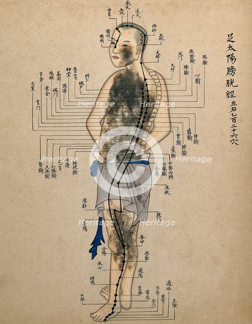 Acupuncture chart with a series of points indicated on the figure of a standing Chinese man. Creator: Unknown.