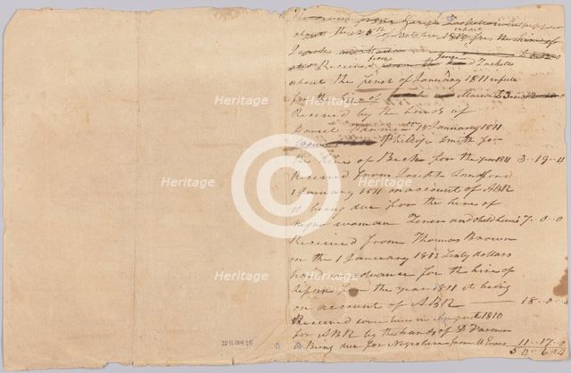 Accounting record for the Rouzee family with notes on hires of enslaved persons, 1810-1811. Creator: Unknown.