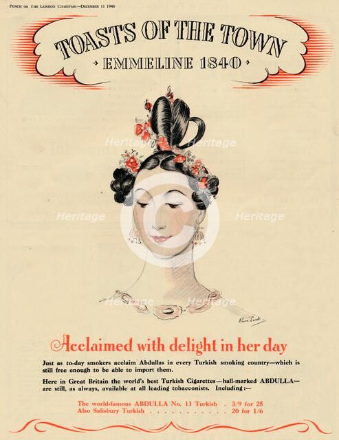 'Acclaimed with delight in her day, Toasts of the Town - Emmeline 1840', 1940. Artist: Unknown.