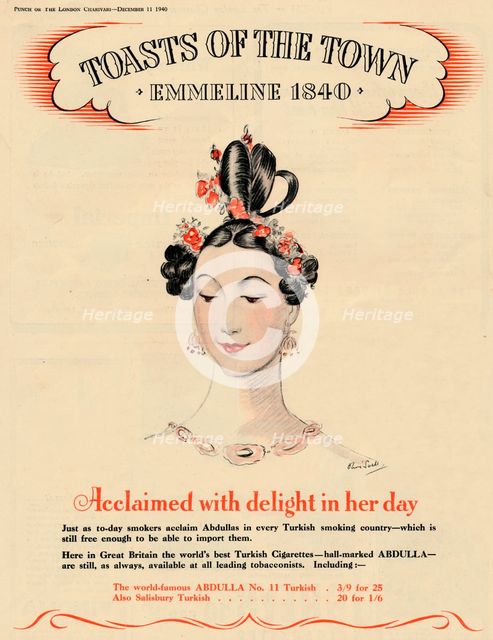 'Acclaimed with delight in her day, Toasts of the Town - Emmeline 1840', 1940. Artist: Unknown.