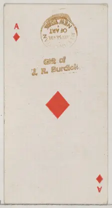 Ace of Diamonds (red), from the Playing Cards series (N84) for Duke brand cigarettes, 1888., 1888. Creator: Unknown