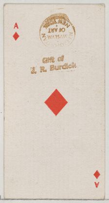 Ace of Diamonds (red), from the Playing Cards series (N84) for Duke brand cigarettes, 1888., 1888. Creator: Unknown