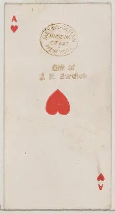 Ace of Hearts (red), from the Playing Cards series (N84) for Duke brand cigarettes, 1888., 1888. Creator: Unknown