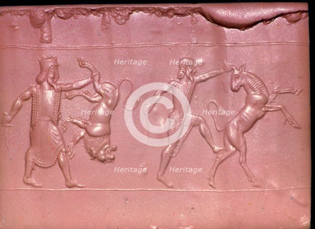 Achaemenid cylinder-seal impression of a Royal hunt. Artist: Unknown