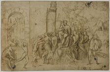 Acrobats Performing Before a Ruler (recto); Outdoor Scene with Group of Figures (verso), c. 1510. Creator: Pordenone