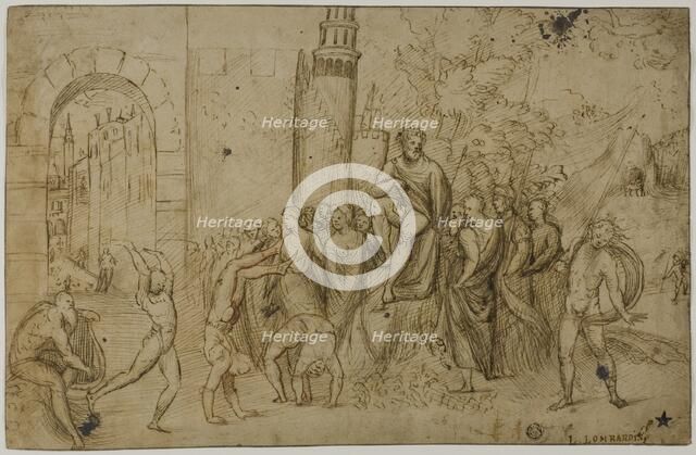 Acrobats Performing Before a Ruler (recto); Outdoor Scene with Group of Figures (verso), c. 1510. Creator: Pordenone.