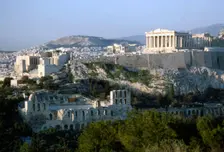 Acropolis and Theatre of Herodes Atticus, Athens from Philopappos Hill at dusk, c20th century