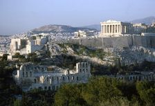 Acropolis and Theatre of Herodes Atticus, Athens from Philopappos Hill at dusk, c20th century