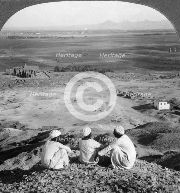 'Across the plain of Thebes and past the Memnon statues from the cliffs, Egypt', 1905.Artist: Underwood & Underwood