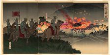 Advancing across the Ansong River at the Battle of Asan (Gazan gekisen Anjo no..., Japan, 1894. Creator: Kobayashi Kiyochika