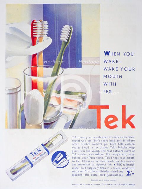 Advert for Tek toothbrushes, by Johnson and Johnson, 1931. Artist: Unknown