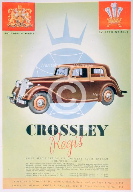Advert for the Crossley Regis car, 1935. Artist: Unknown