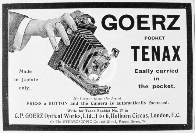 Advert for the Goerz Pocket Tenax camera, 1909. Artist: Unknown
