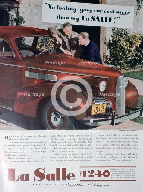 Advert for the LaSalle V8 car, 1939. Artist: Unknown