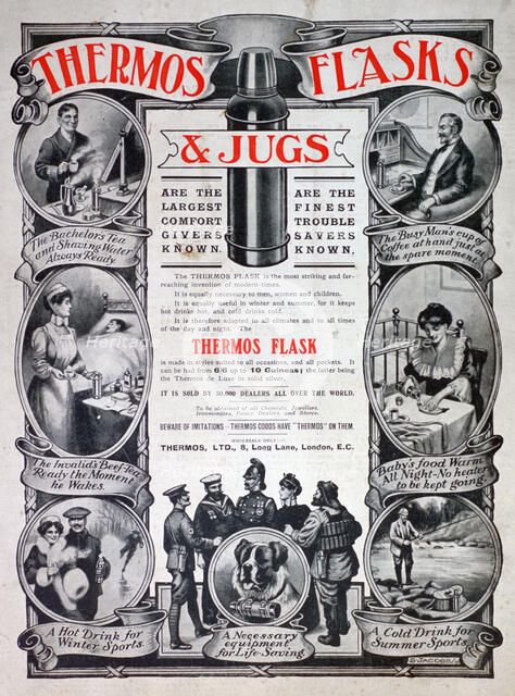 Advert for Thermos flasks and jugs, 1910. Artist: Unknown