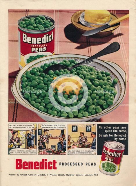 Advert for Benedict processed peas, 1951. Artist: Unknown