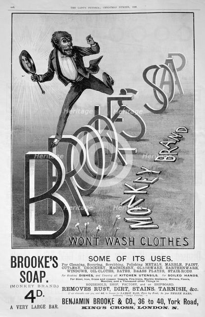 Advert for Brooke's Monkey Brand soap, 1889. Artist: Unknown