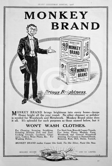 Advert for Brooke's Monkey Brand soap, 1918. Artist: Unknown