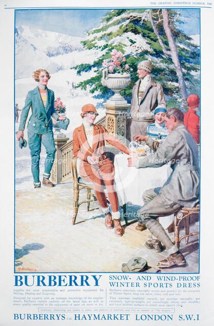 Advert for Burberry snow and wind-proof winter sports dress, 1928. Artist: Unknown