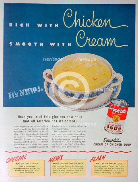 Advert for Campbell's Condensed Cream of Chicken Soup, 1949. Artist: Unknown