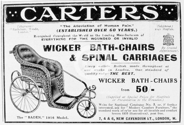 Advert for Carters' wicker bath chairs and spinal carriages, 1916. Artist: Unknown