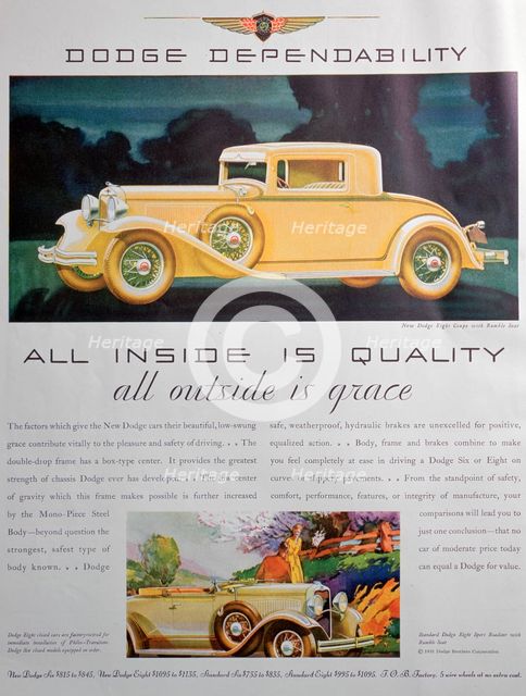 Advert for Dodge cars, 1931. Artist: Unknown