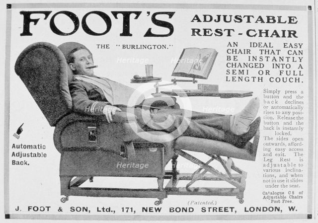 Advert for Foot's 'Burlington' adjustable rest-chair, 1916. Artist: Unknown