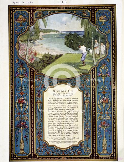 Advert for golf courses in Bermuda, January 3rd 1924. Creator: Unknown.