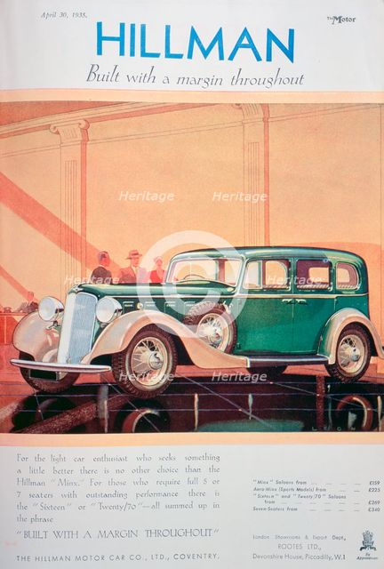 Advert for Hillman motor cars, 1935. Artist: Unknown