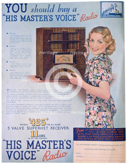 Advert for 'His Master's Voice' radios, 1936. Artist: Unknown