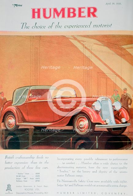 Advert for Humber motor cars, 1935. Artist: Unknown