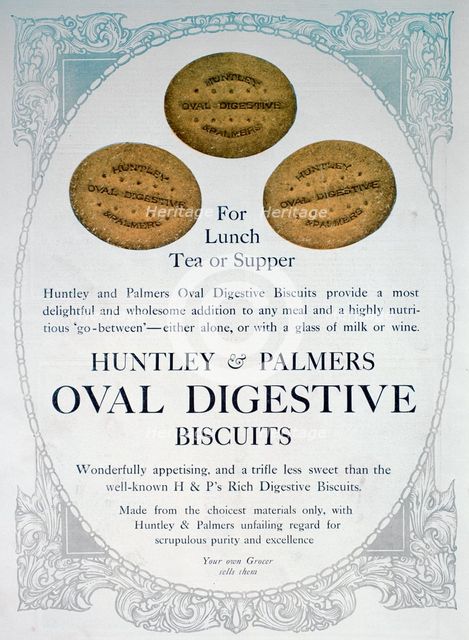 Advert for Huntley and Palmers Oval Digestive Biscuits, 1909. Artist: Unknown