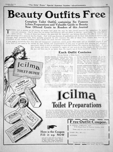 Advert for Icilma Toilet Preparations, 1913. Artist: Unknown