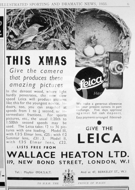 Advert for Leica cameras sold by Wallace Heaton Ltd, New Bond Street, London, 1933. Artist: Unknown