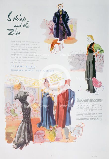 Advert for 'Lightning' coloured plastic zipp fasteners by ICI, 1937. Artist: Unknown