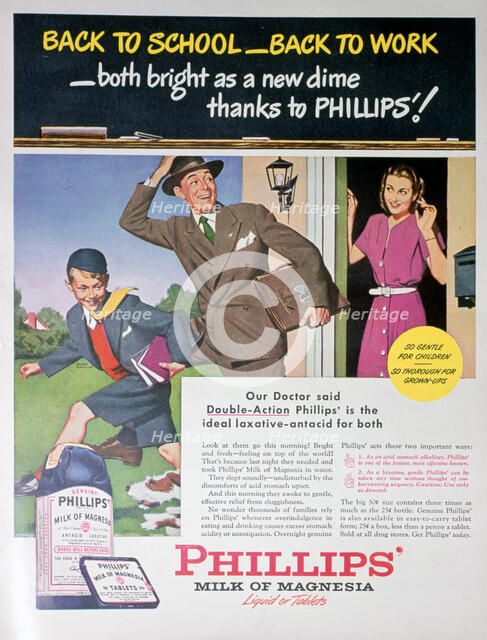 Advert for Phillips' milk of magnesia, 1946. Artist: Unknown