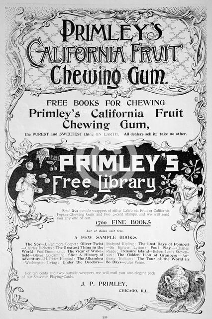 Advert for Primley's California Fruit chewing gum, 1894. Artist: Unknown