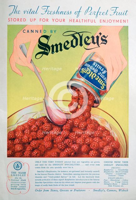 Advert for Smedley's tinned fruit, 1936. Artist: Unknown