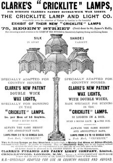 Advertisement for Clarke's "Cricklite" Lamps, 1898. Creator: Unknown