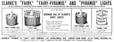 Advertisement for Clarke’s "Pyramid" & "Fairy" Light Company, 1890. Creator: Unknown