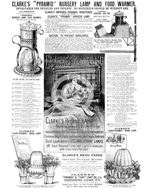 Advertisement for Clarke's "Pyramid" & "Fairy" Light Co. Ltd., 1890.  Creator: Unknown.