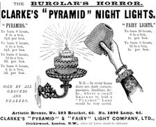 Advertisement for Clarke's "Pyramid" Night Lights, 1895. Creator: Unknown