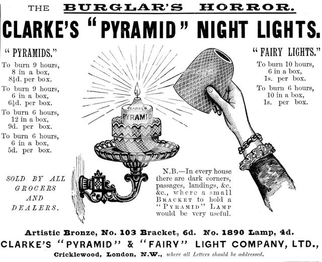 Advertisement for Clarke's "Pyramid" Night Lights, 1895. Creator: Unknown.